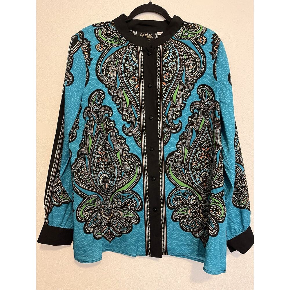 Bob Mackie Wearable Art Womens XL Long Sleeve V Neck Paisley Print Top Teal